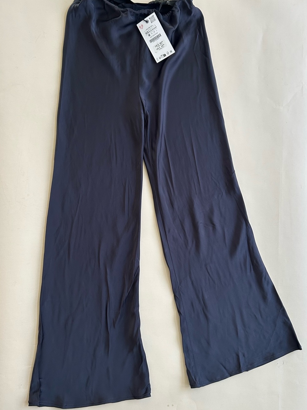 Zara Dark Navy Wide-Leg Satin-Effect Pants size XS